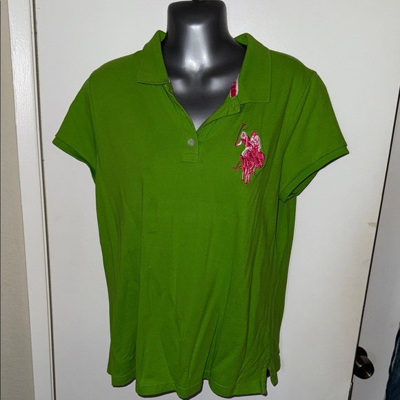 U.S. Polo Assn. Green Button Down Shirt with Pink Logo - Picture 1 of 5